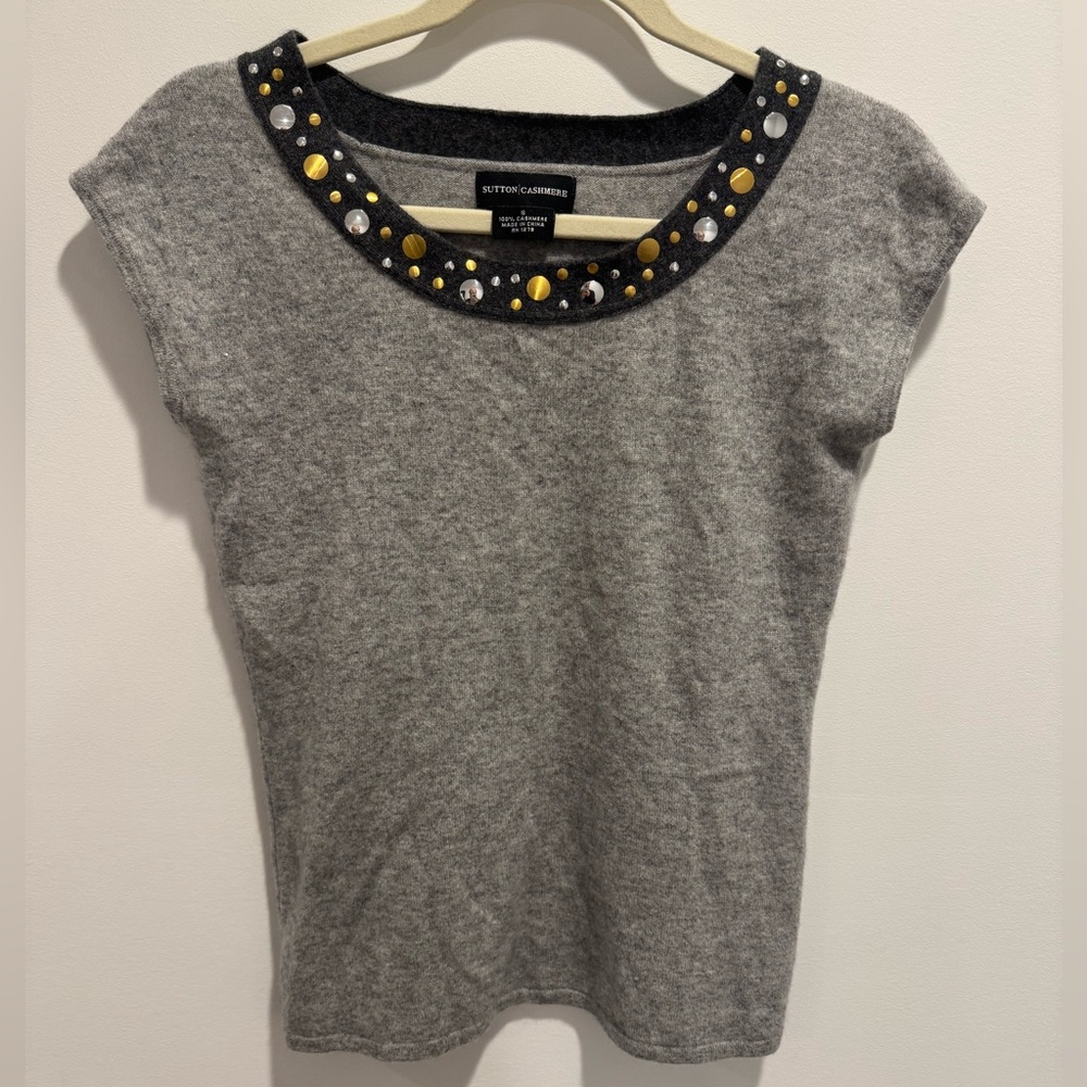 Sutton 100% Cashmere Gray Tank Top with Gold and Silver Metal Collar Women’s S